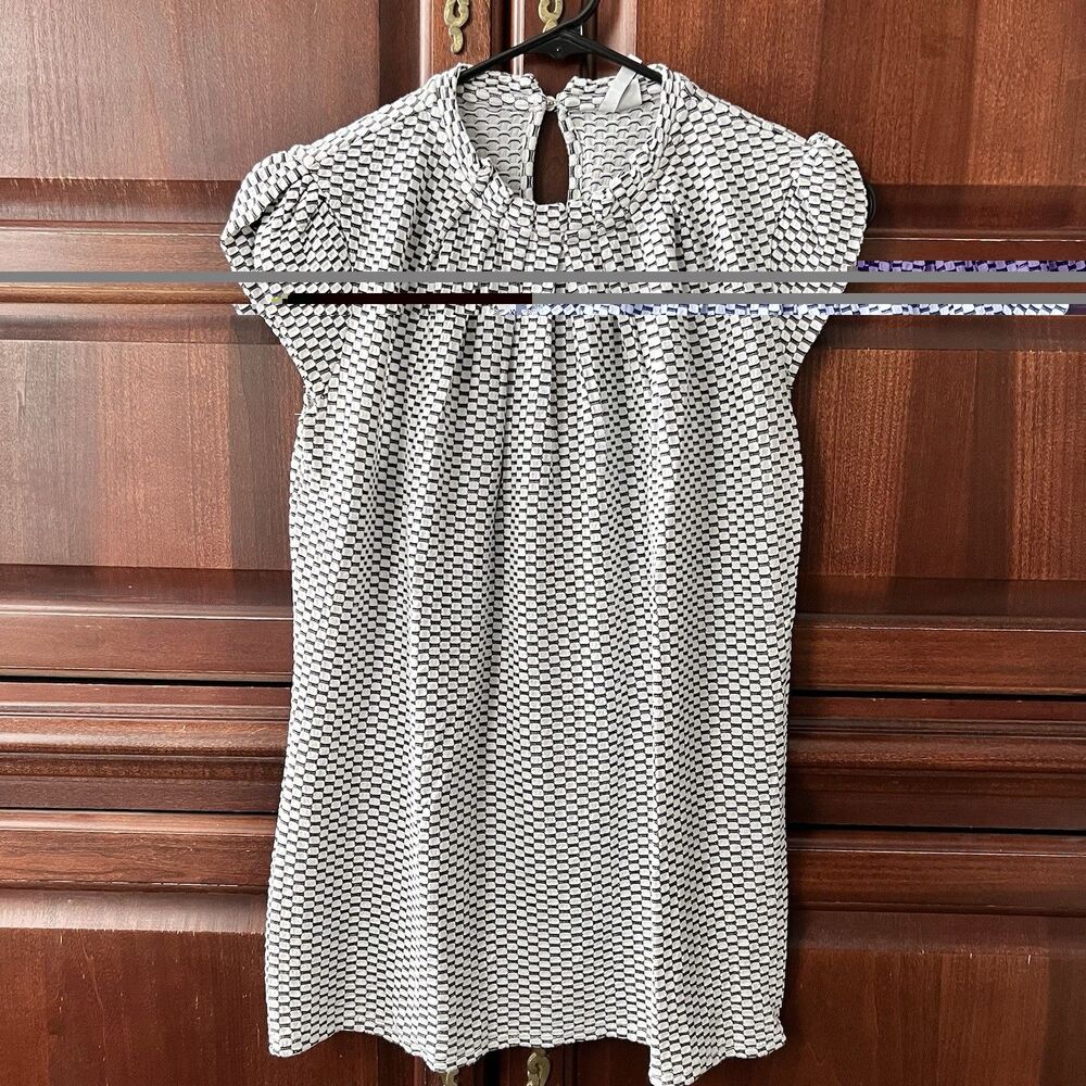 Elle Blouse Textured Short Sleeve White & Black Career Shirt Top Women's L